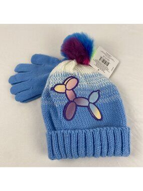 Girls' Balloon Dog Multicolored Pom Pom Blue & White Knit Hat & Glove Set OS NWT